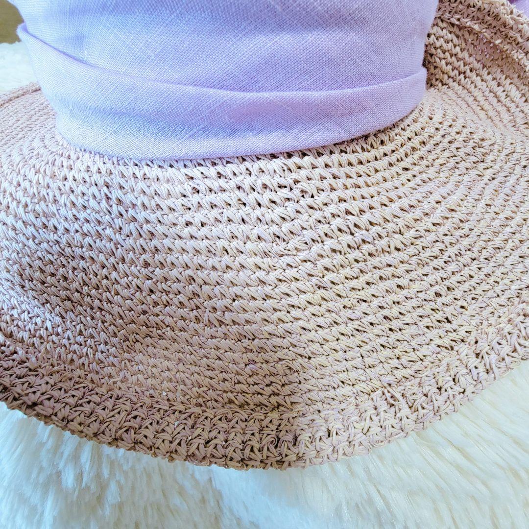 【CA4LA】リボン ストローハットカシラ　リボン 麦わら帽子　ピンク