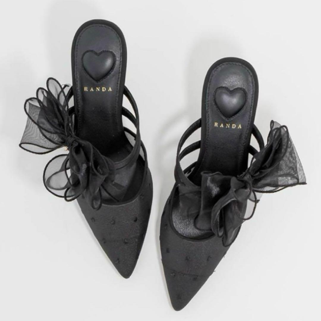 RANDA シフォンリボンハートミュールパンプス 25.5cm ブラック ランダ