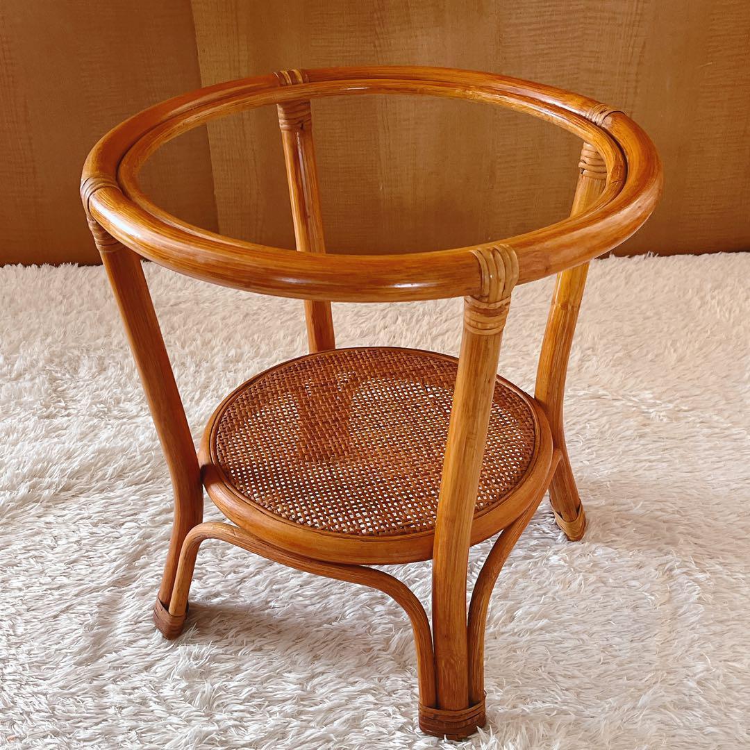 so様リクエスト品】籐 ラタン 丸テーブル　ガラス天板 昭和 レトロ 80年代