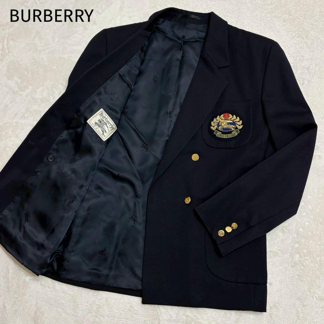 BURBERRY ダブル 紺ブレ 金ボタン テーラードジャケット エンブレム