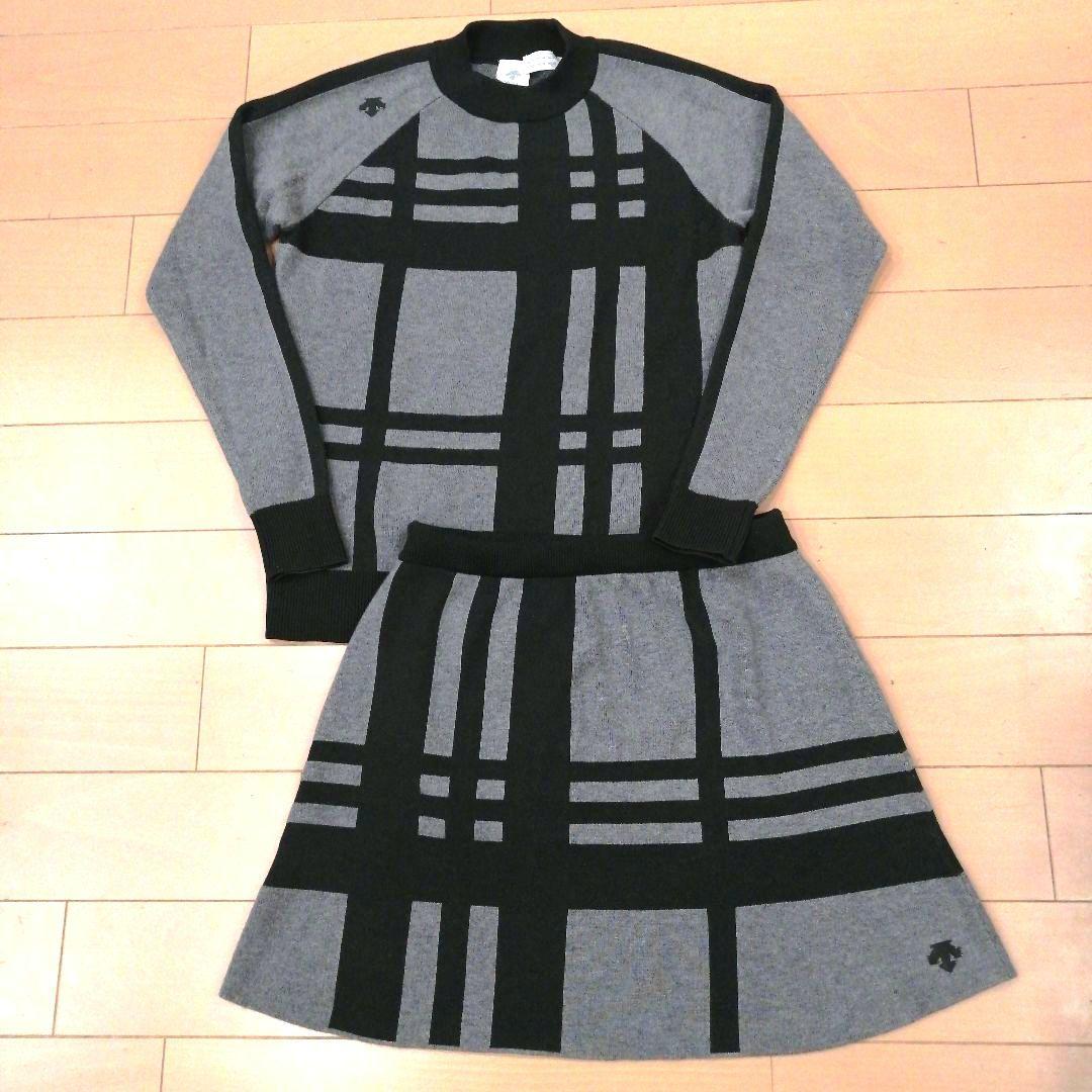 デサントゴルフ モックネック チェック柄ニット スカート セットアップ グレー