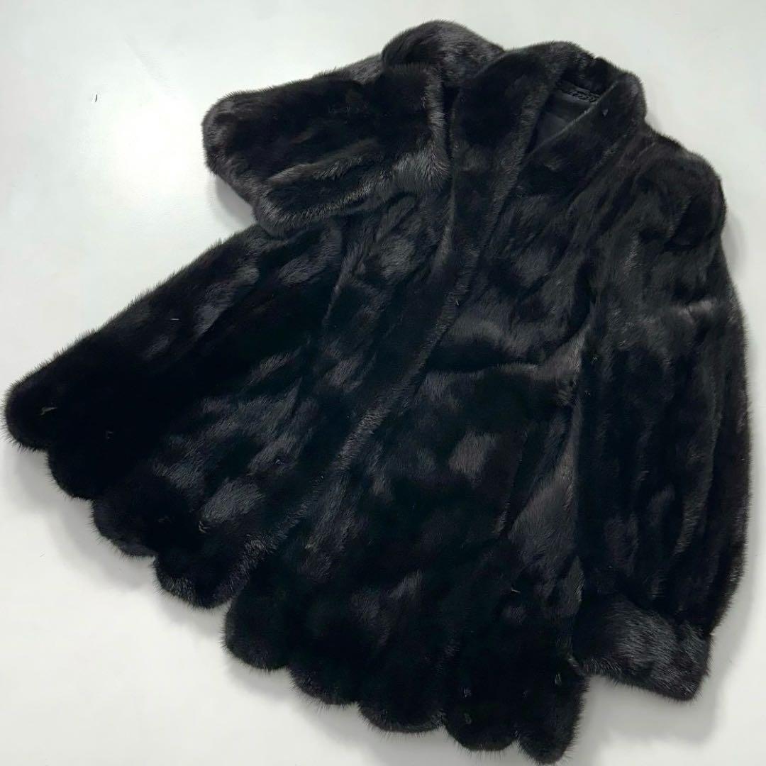 ツヤ◎SAGA MINK ミンク ファーコート 黒 スカラップ　大きいサイズ