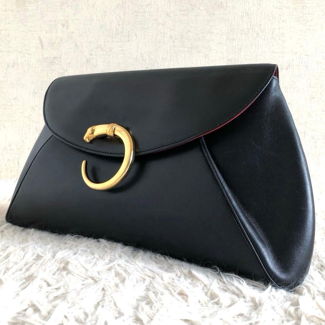 【フランス製】カルティエ　パンテール　クラッチバッグ　黒　本革　ゴールド金具