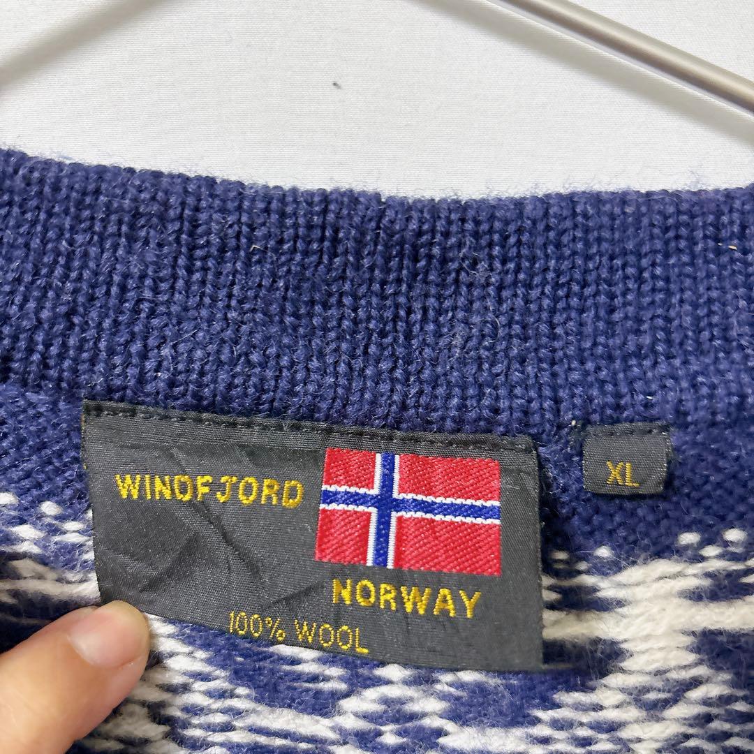 NORWAY製【XL】ノルディック柄ウールニットフック留めWIND FJORD