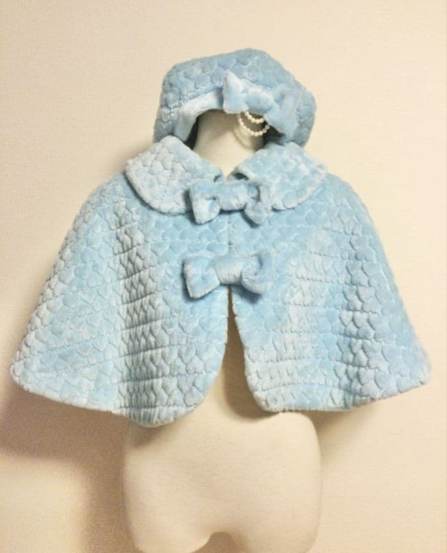 ハート模様リボンつきファーケープ＆ファーベレー帽 セット サックス ミント