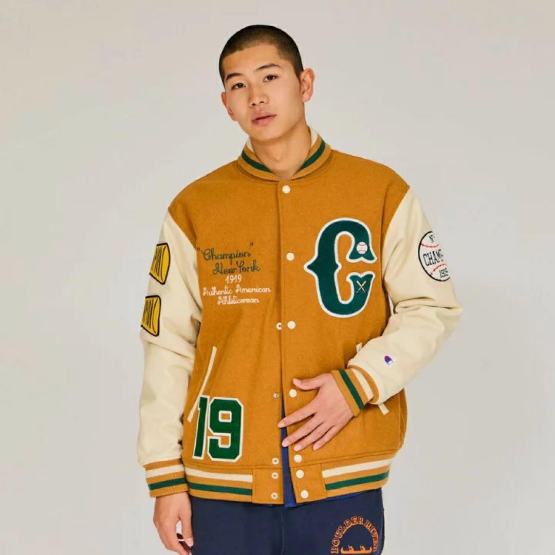 スタジャン チャンピオン 刺繍 ワッペン マスタード ブラウン L