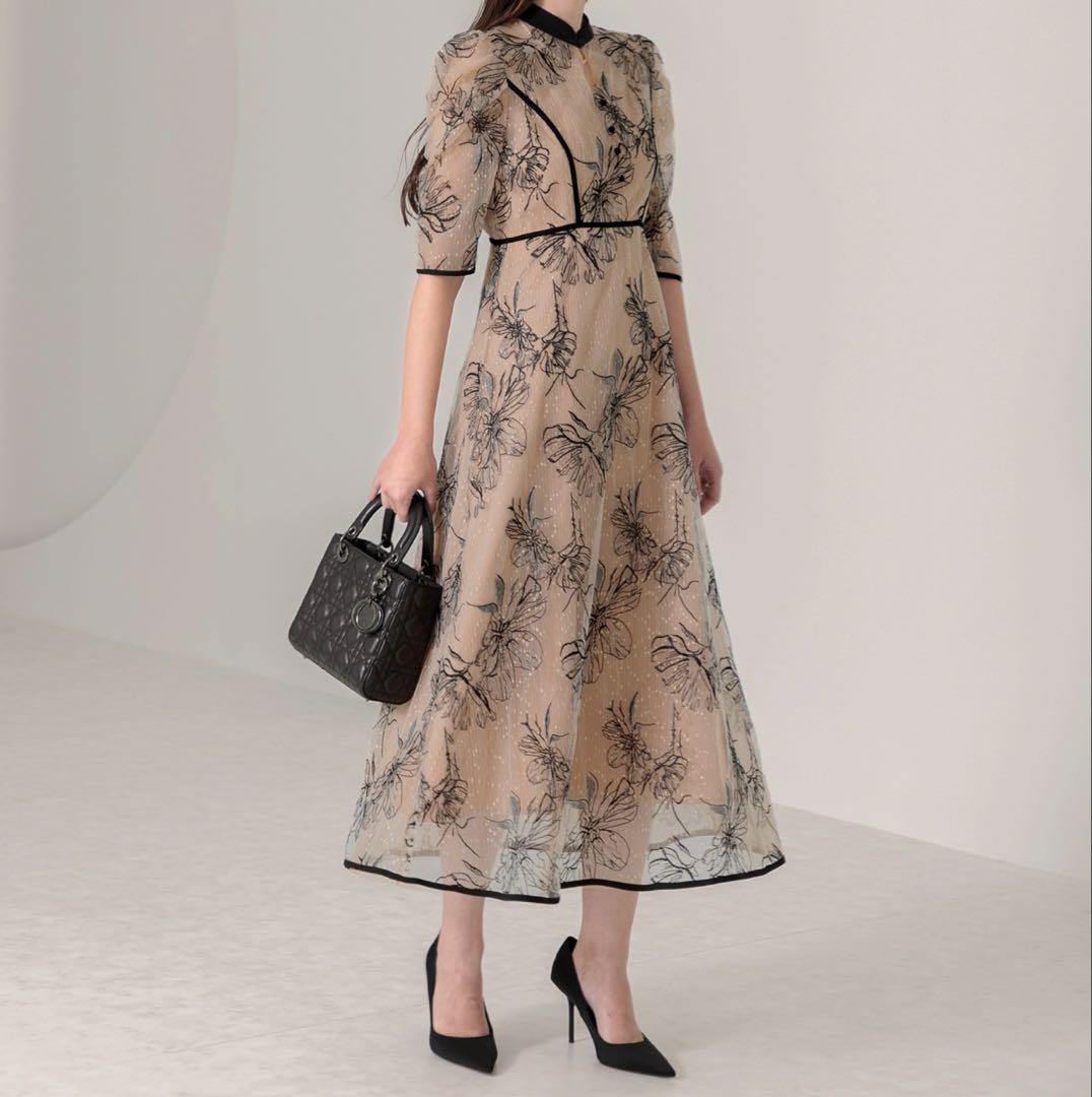 Leja 配色パイピング花柄ラメレースワンピースドレス