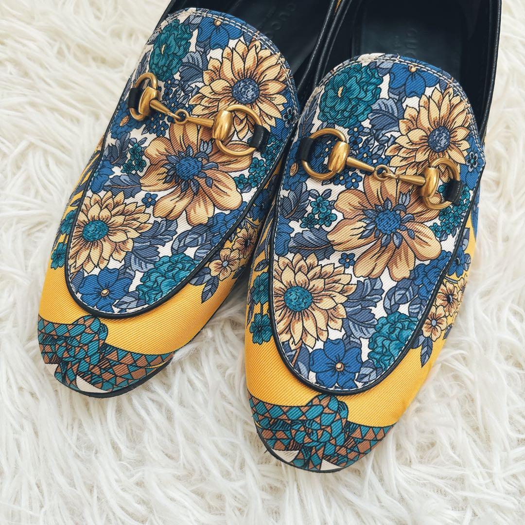 GUCCI フラワープリント　ローファー　総柄　ブルー　イエロー　36ハーフ
