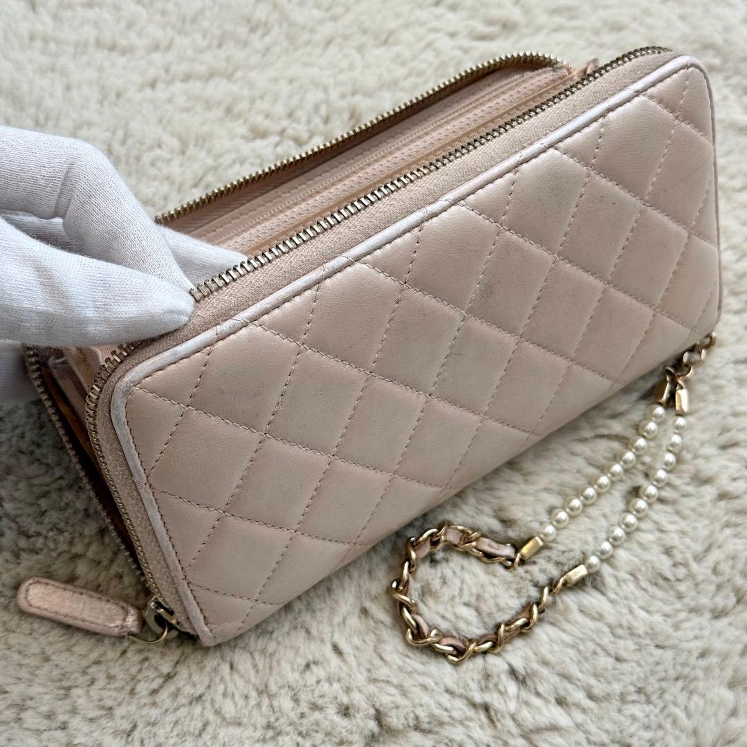 ゆずCHANEL キルティング レザー 長財布 パールピンクベージュ