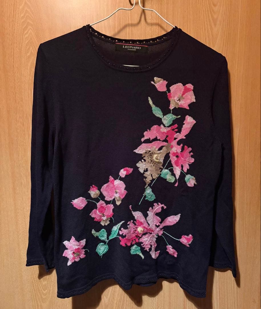 LEONARD FASHION レオナール 花柄 ニットソー カットソー 紺