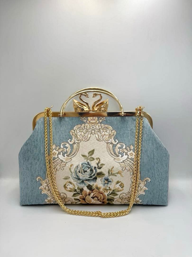 【ハンドメイド】がま口バッグ　白鳥 と薔薇　ヨーロッパ風　3way #478