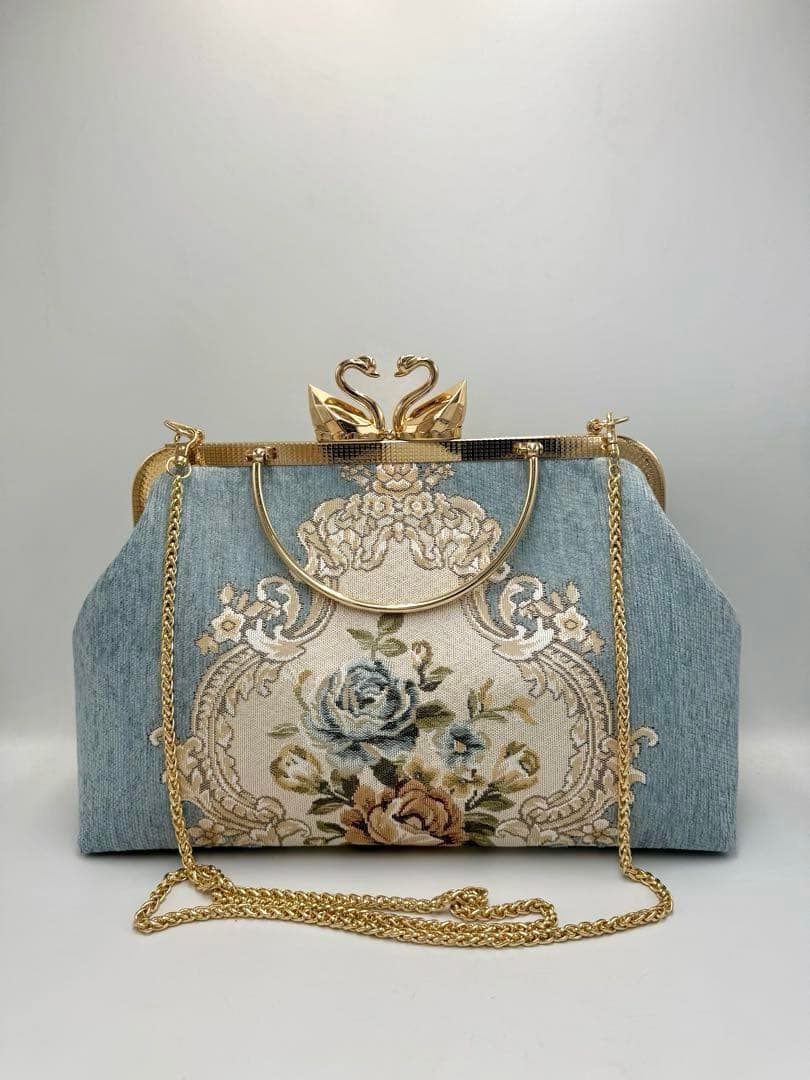 【ハンドメイド】がま口バッグ　白鳥 と薔薇　ヨーロッパ風　3way #478