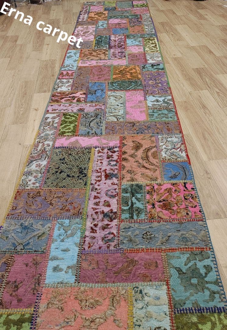 ペルシャ絨毯　手織り　オールド　パッチワーク　z173 497x80 cm