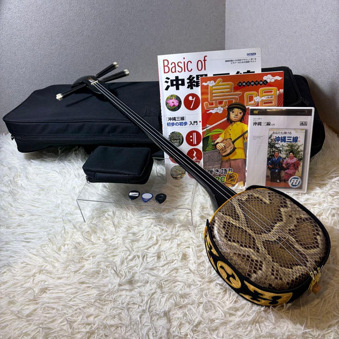 【極美品】沖縄三線 蛇皮 本革 民謡楽器 民謡 和楽器 三線 付属品多数