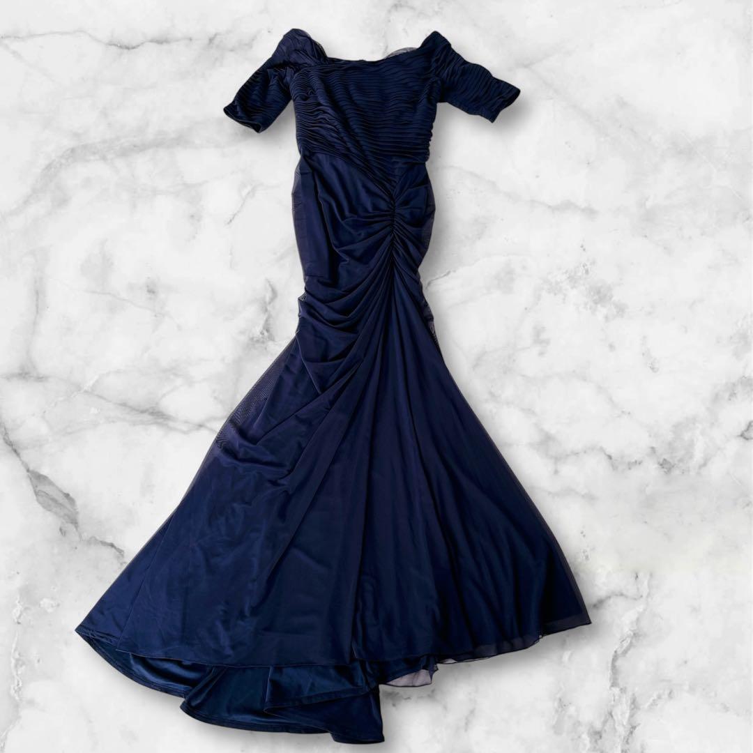 TADASHI SHOJI ドレス　メッシュ アシンメトリー ギャザー ネイビー