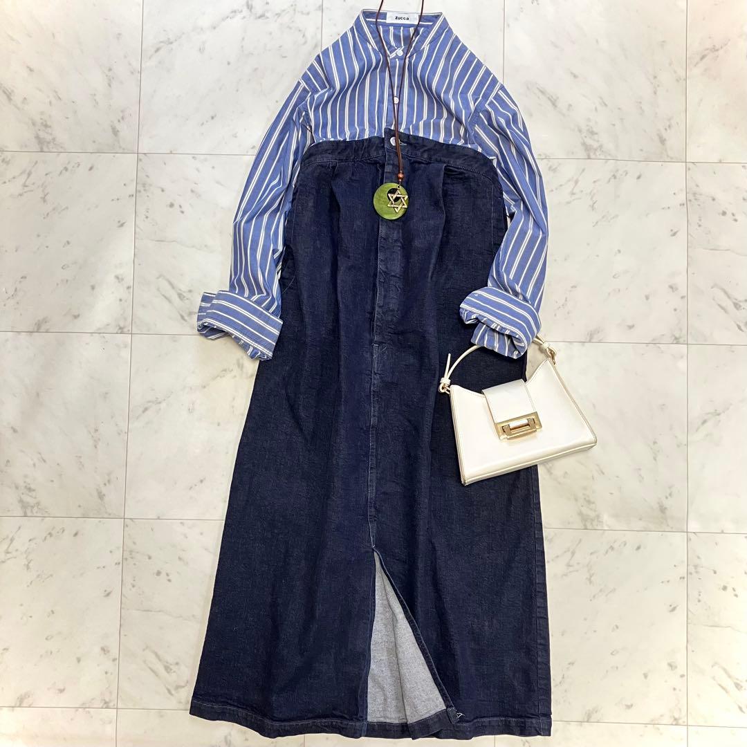 美品 ズッカ デニムドッキングシャツワンピース ゆったり ネイビー ストライプ