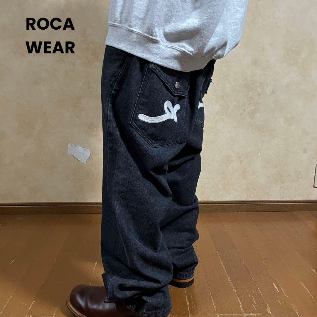 00s ROCA WEAR 先染め ブラックデニム 刺繍 W44 極太 バギー
