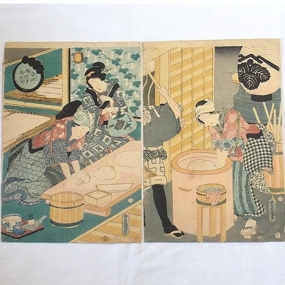 歌川国貞 浮世絵 木版画 餅つき風景2枚セット 年中行事 美人画 江戸時代