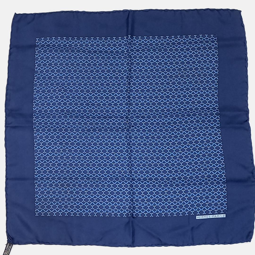 極美品✨エルメス　プチカレ　スカーフ　ロープ柄　ポケットチーフ　ネイビーブルー