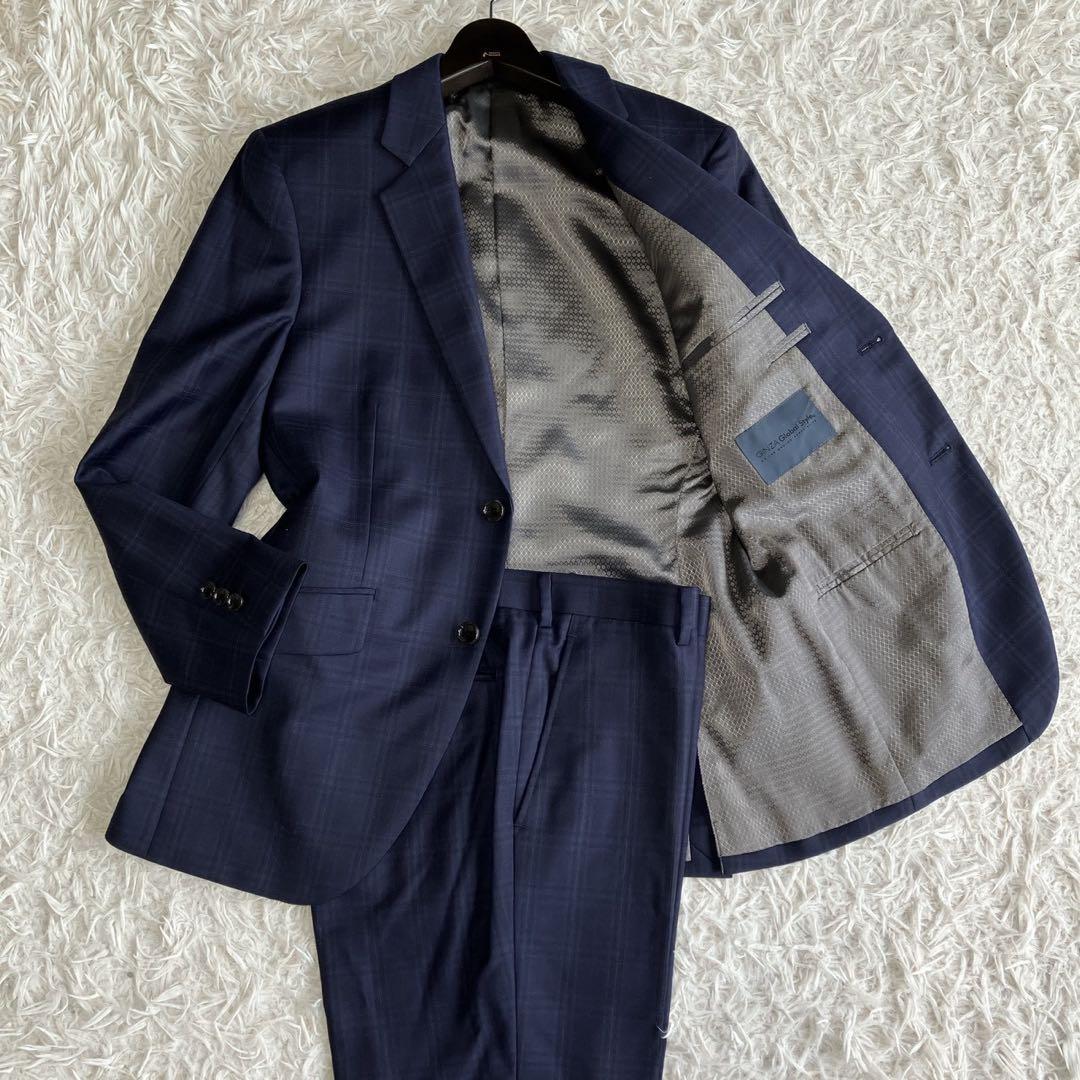 ◎極美品 銀座グローバルスタイル×ゼニア 高級生地 人気 ネイビー+チェック柄1