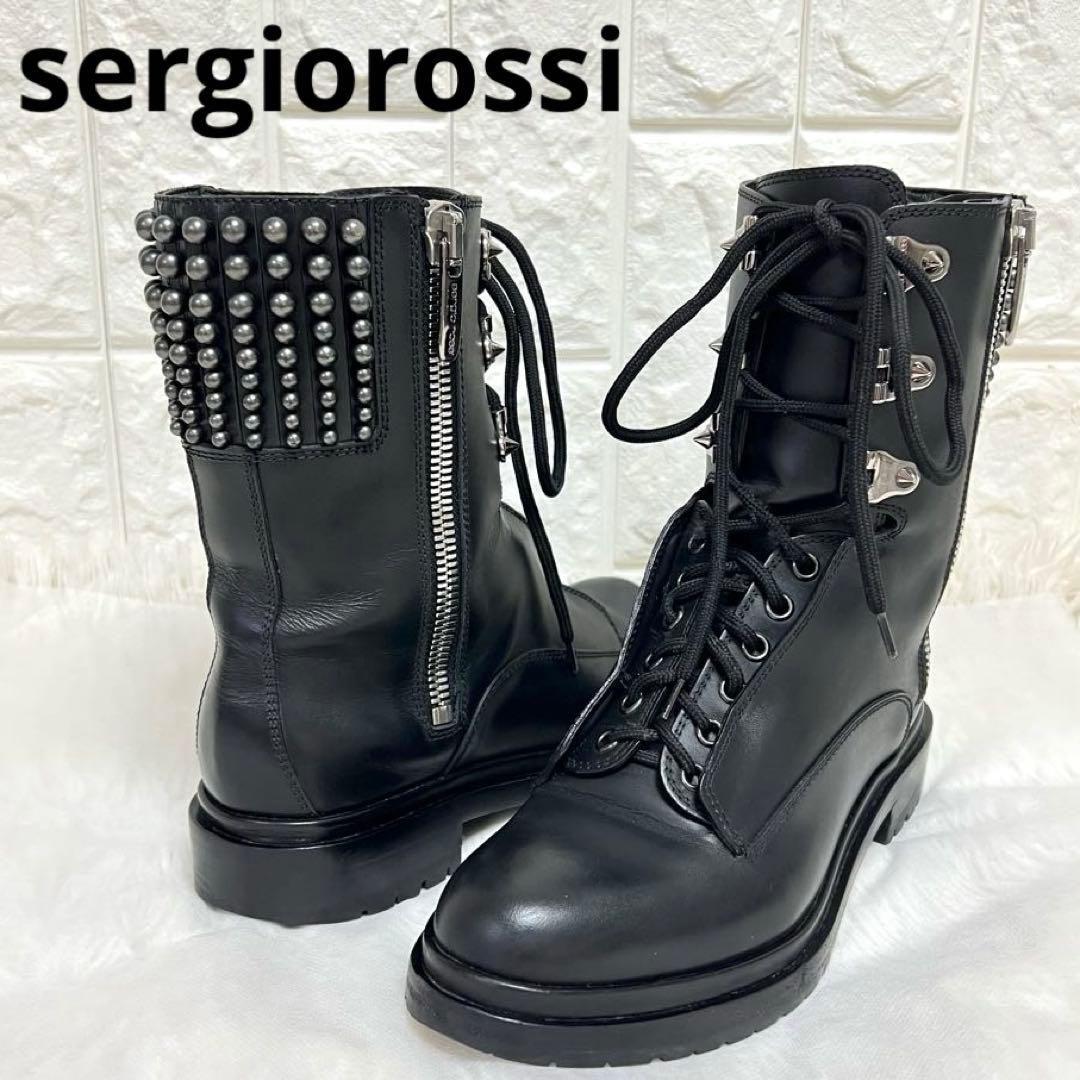 セルジオロッシ　スタッズワークブーツ　ショートブーツ　レースアップ　サイドジップ