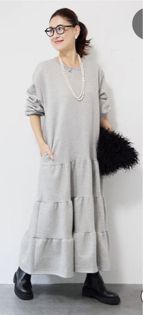 ティアードデザイン裏起毛長袖ワンピース（グレー）