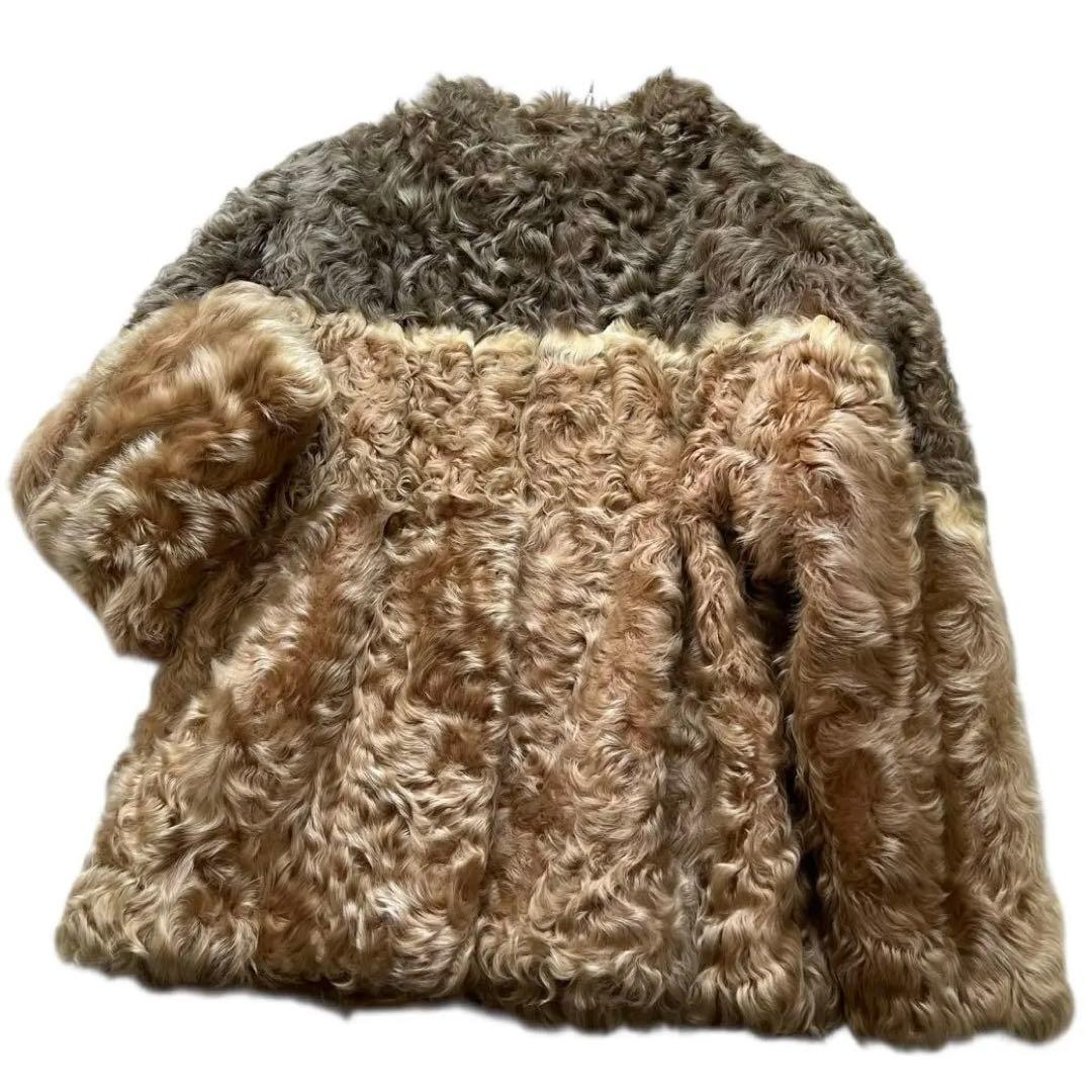 希少デザイン ラムファー リアルファーコート 本毛皮 バイカラー XLサイズ相当