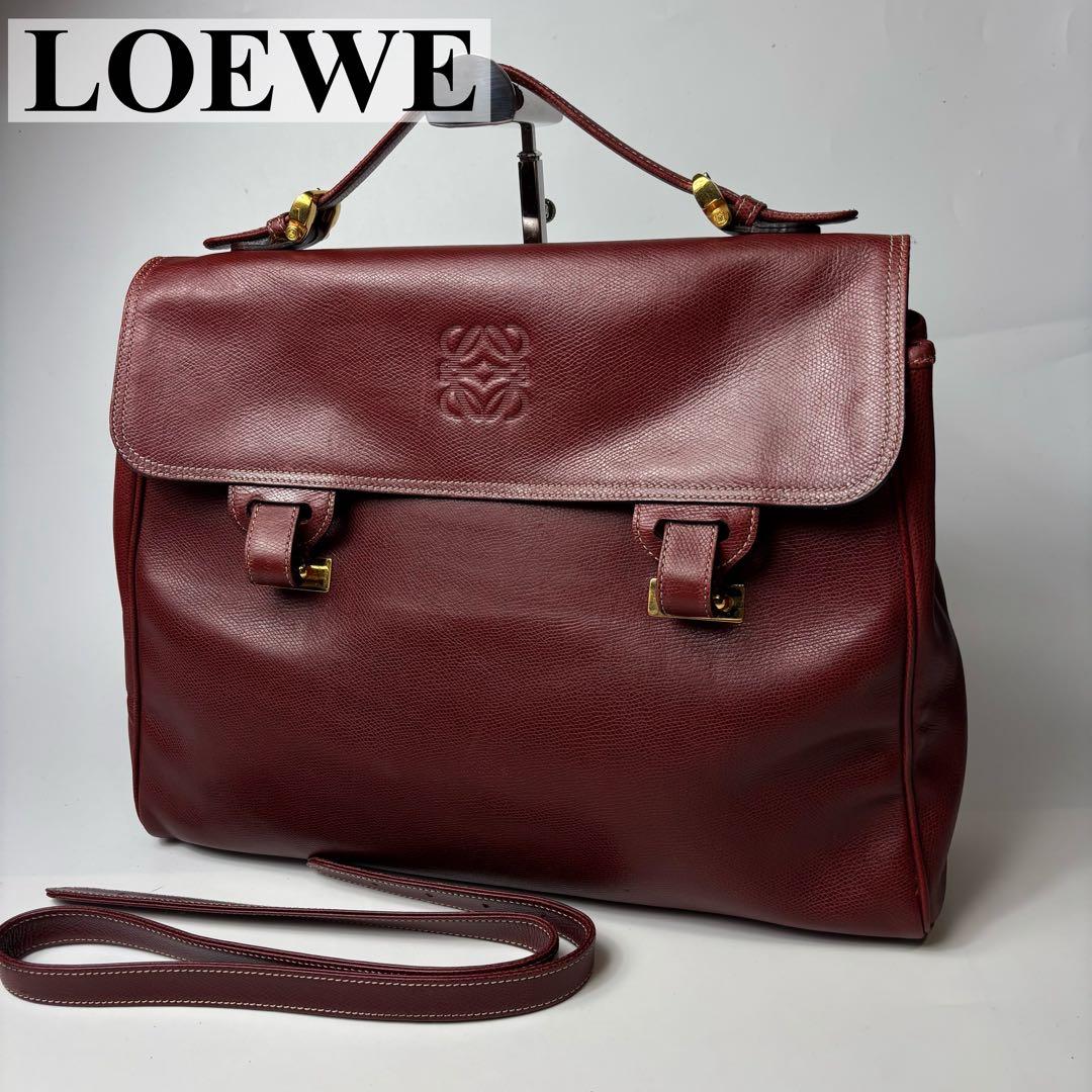 美品 ロエベ ビジネスバッグ 2way ボストン シボ革 ショルダー アナグラム