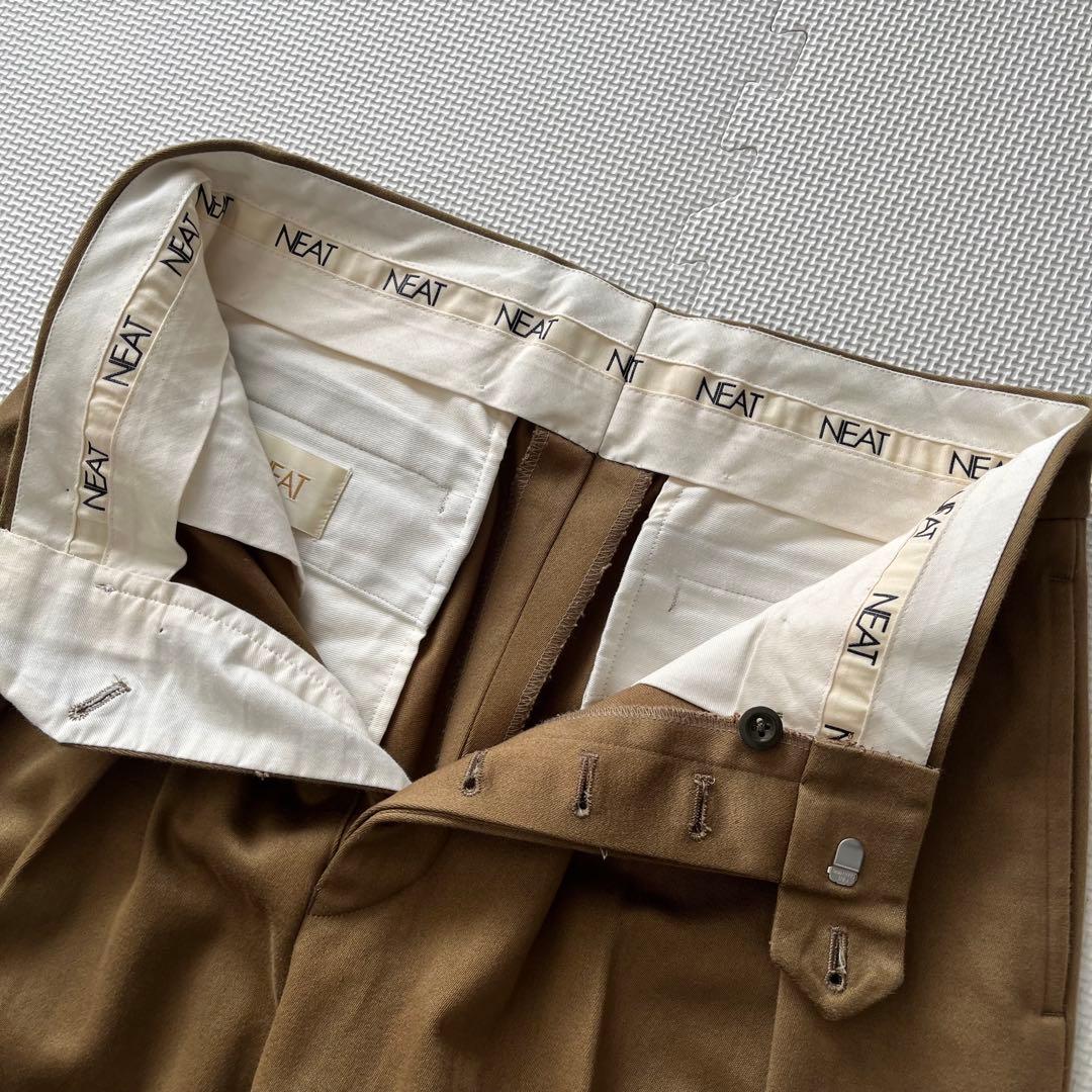 美品 NEAT テントクロス 2タックワイドスラックス ブラウン 44 コットン
