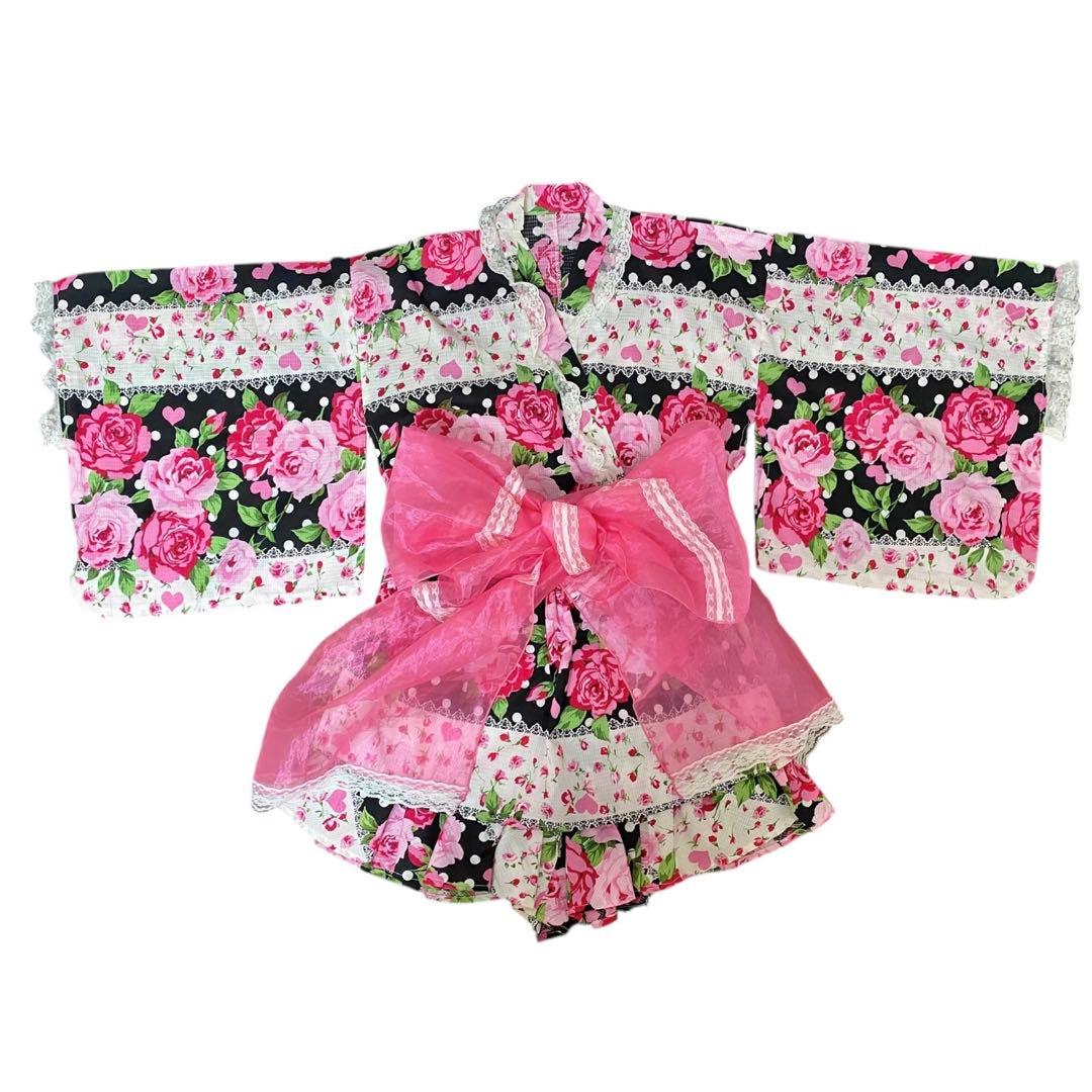 Y2K 大人用 浴衣ドレス 帯2点セット 薔薇柄 姫ギャル 平成GAL