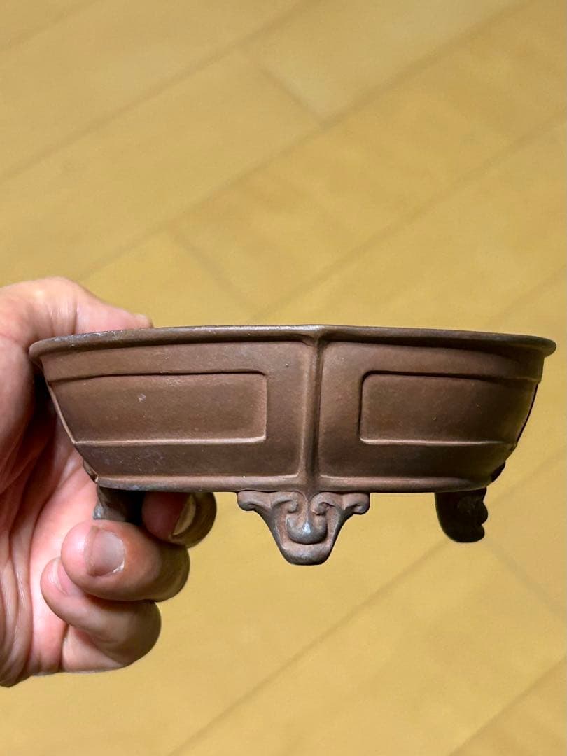 【盆栽鉢】中国宜興 朱泥 額入雲脚 楕円鉢