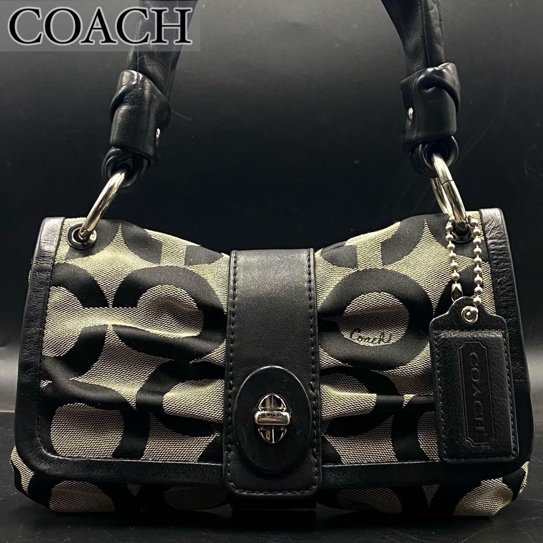 【美品】コーチ シグネチャー柄 ハンドバッグ ワンショルダー ブラック
