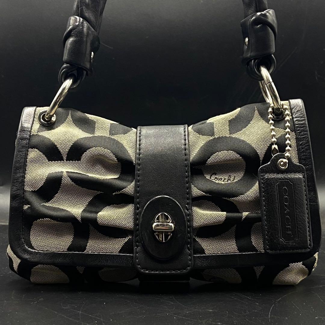 【美品】コーチ シグネチャー柄 ハンドバッグ ワンショルダー ブラック