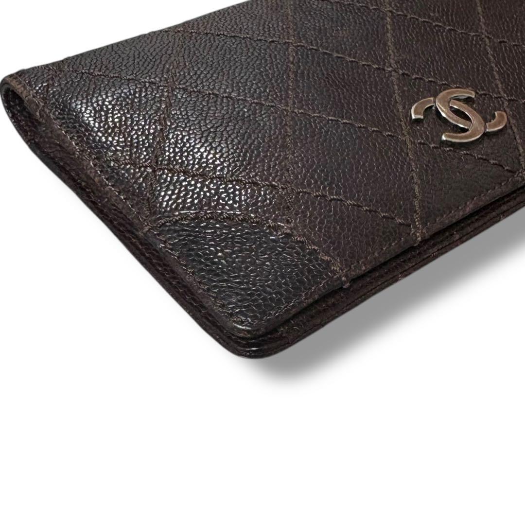 CHANEL シャネル キャビアスキン ワイルドステッチ 長財布 ダークブラウン