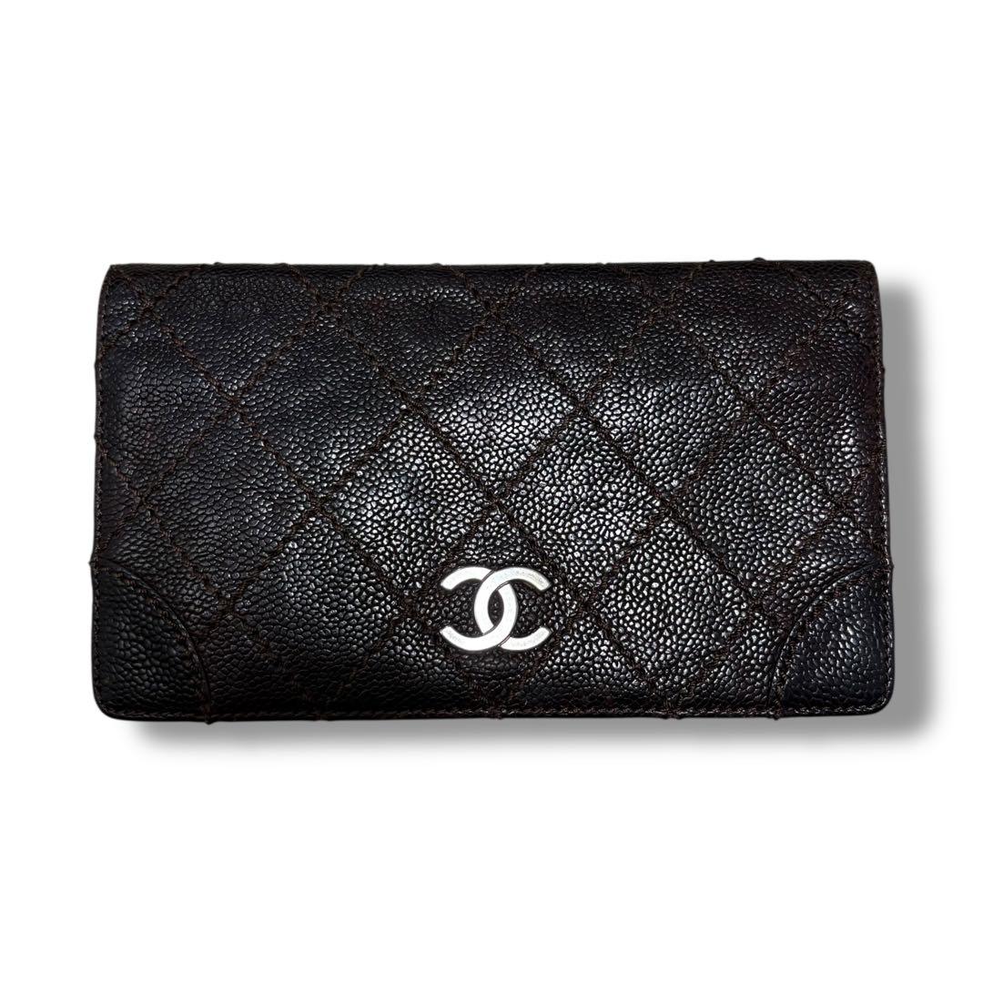 CHANEL シャネル キャビアスキン ワイルドステッチ 長財布 ダークブラウン
