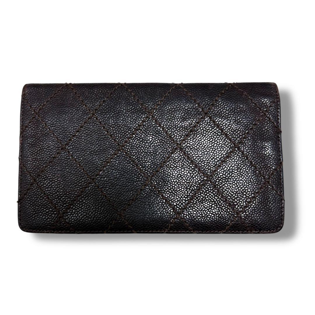CHANEL シャネル キャビアスキン ワイルドステッチ 長財布 ダークブラウン