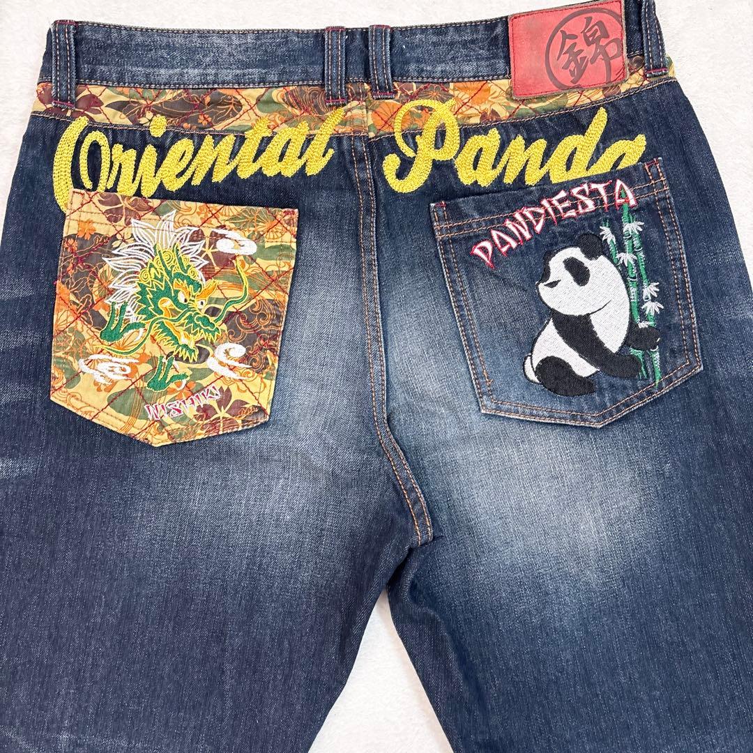 00s PANDIESTA W34 刺繍 和柄 バギー デニム ワイドストレート