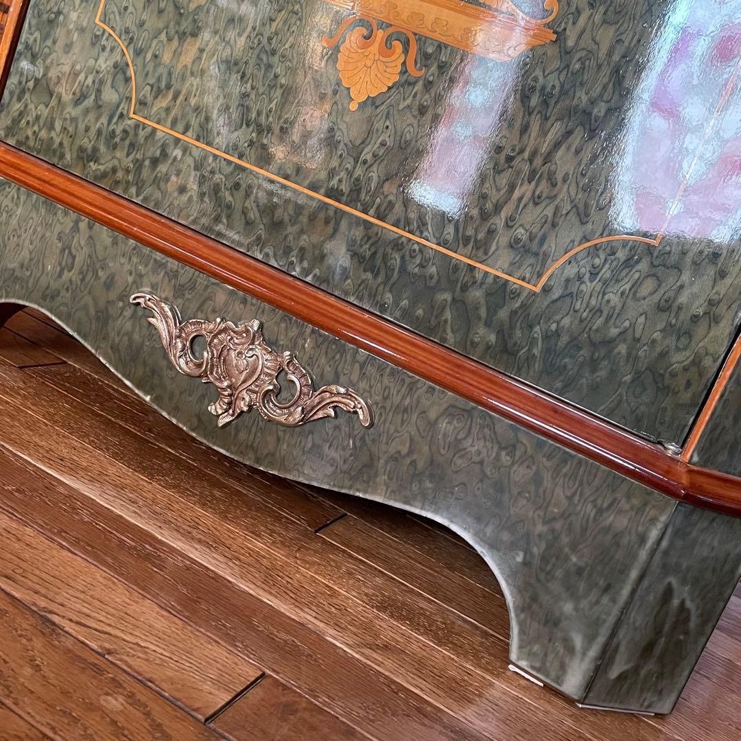 イタリア製 大理石天板 象嵌細工 キャビネット☆バーズアイ杢目 真鍮装飾☆引出付