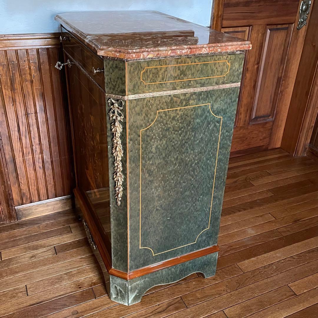 イタリア製 大理石天板 象嵌細工 キャビネット☆バーズアイ杢目 真鍮装飾☆引出付