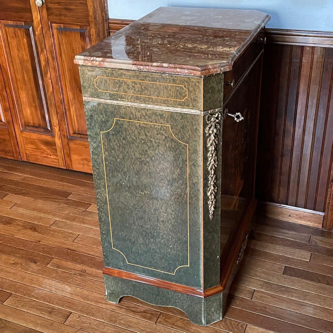 イタリア製 大理石天板 象嵌細工 キャビネット☆バーズアイ杢目 真鍮装飾☆引出付