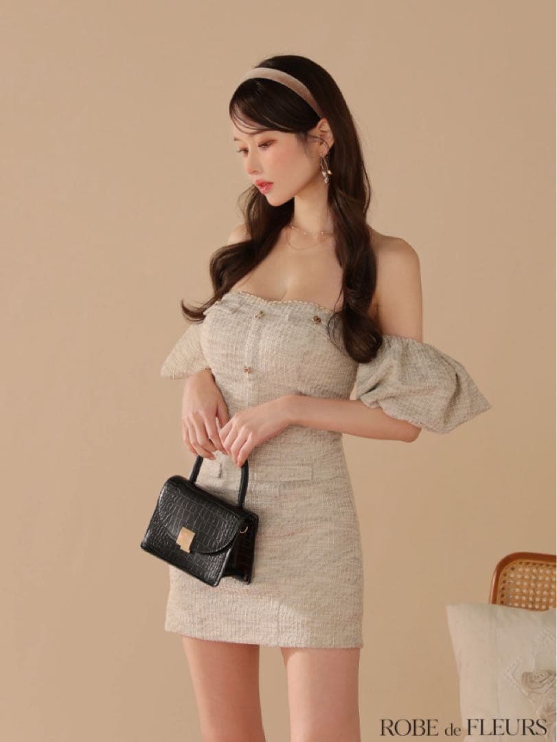 ROBE de FLEURS ニットツイードオフショルセットアップタイトミニ