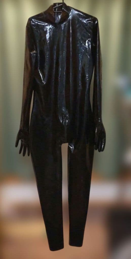 黒ラバーキャットスーツ レディースLサイズ ラテックス 手袋一体型