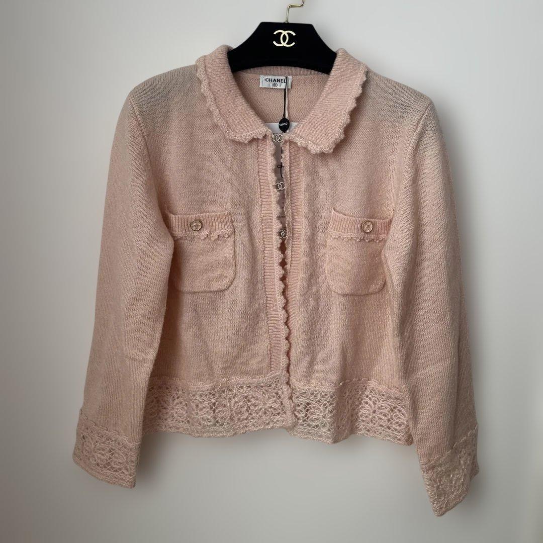 シャネル　ピンクニットジャケット レーストリム付き