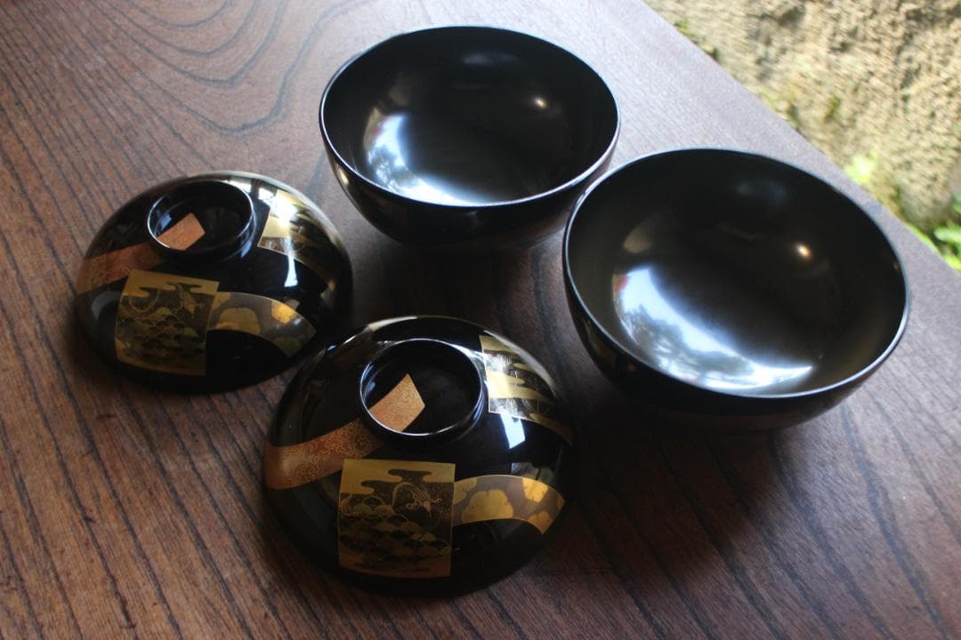 時代逸品！時代黒漆に極上短冊蒔絵の映えるお椀2点（検輪島塗蒔絵椀懐石椀