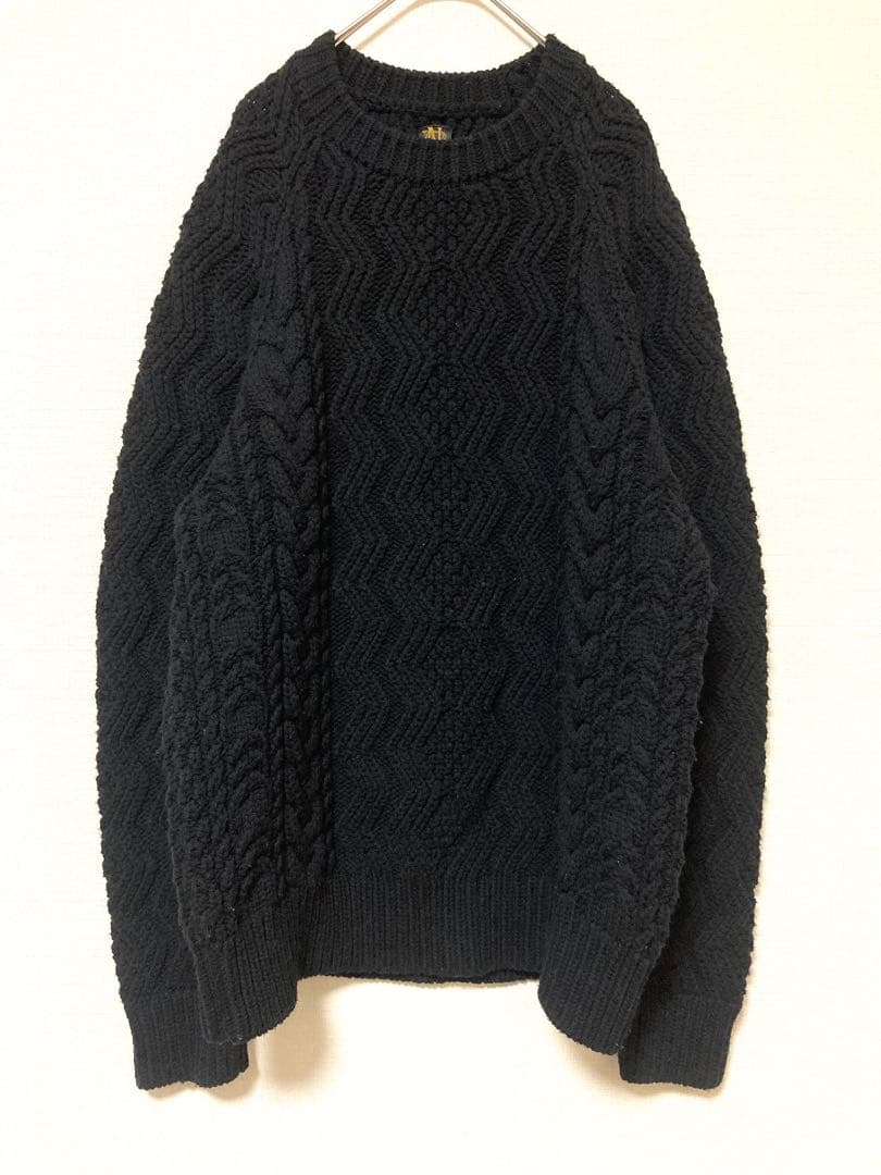 バトナー　ウール　幾何柄　ケーブルニット　セーター　メンズ　ブラック　黒　2