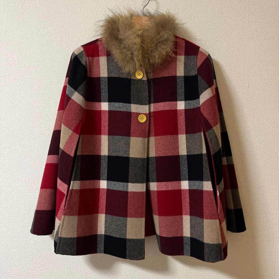 チェック柄　ポンチョ　リバーシブルファー付き　ブルーレーベル　BLUElabel