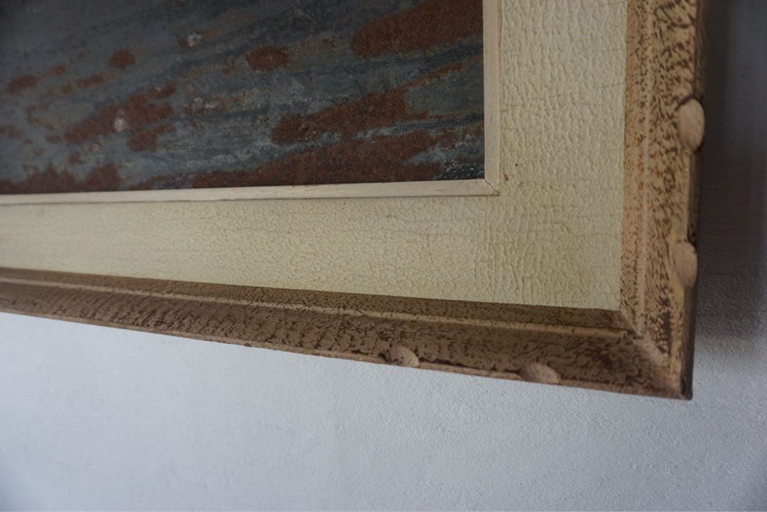 アンティークの木製フレームのブリキサインボード　看板　店舗什器　額縁　古道具