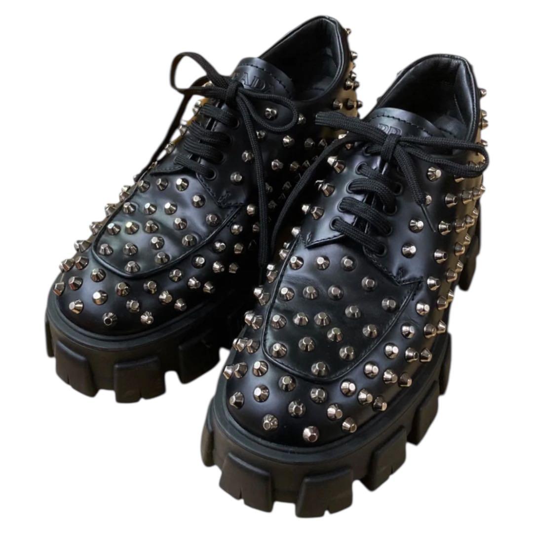 希少 PRADA プラダ モノリス スタッズローファー ブラック 37 24cm