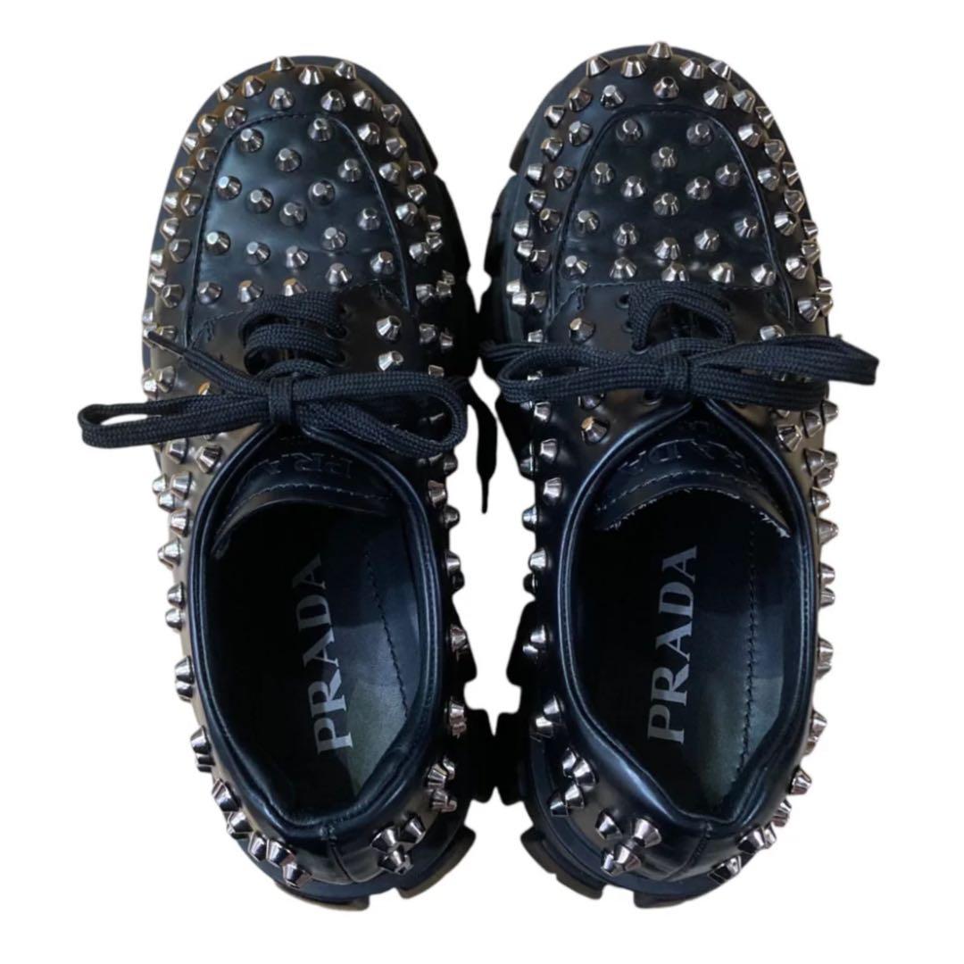 希少 PRADA プラダ モノリス スタッズローファー ブラック 37 24cm