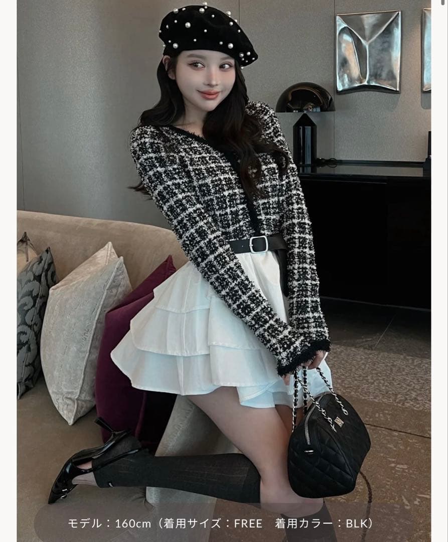 Darich ダーリッチ ボリュームフリルツイードニットミニワンピース BLK